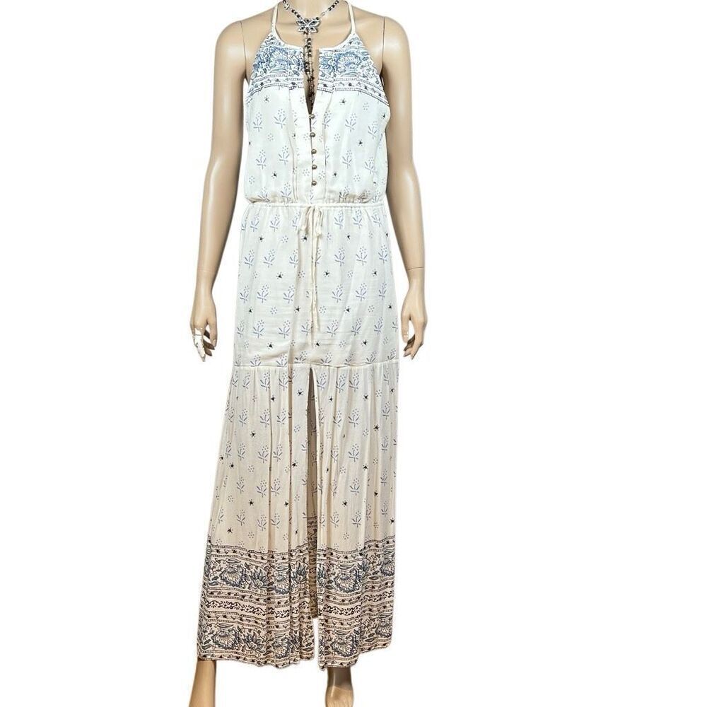 Saylor Ivory Blue Boho Halter Maxi Dress with Front Slit Size S (036)